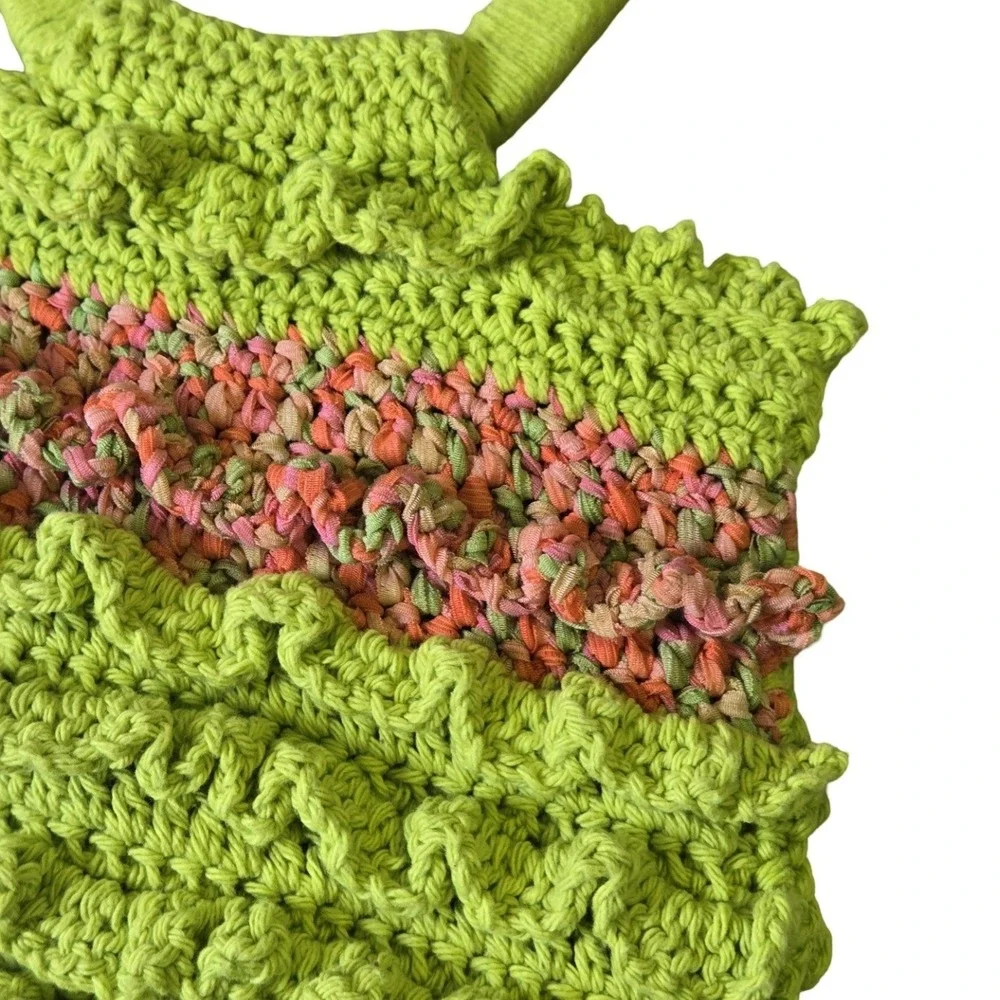 Handmade Crochet Ruffle Handbag Lime Green Pink Orange Boho Tote Bag Y2K style